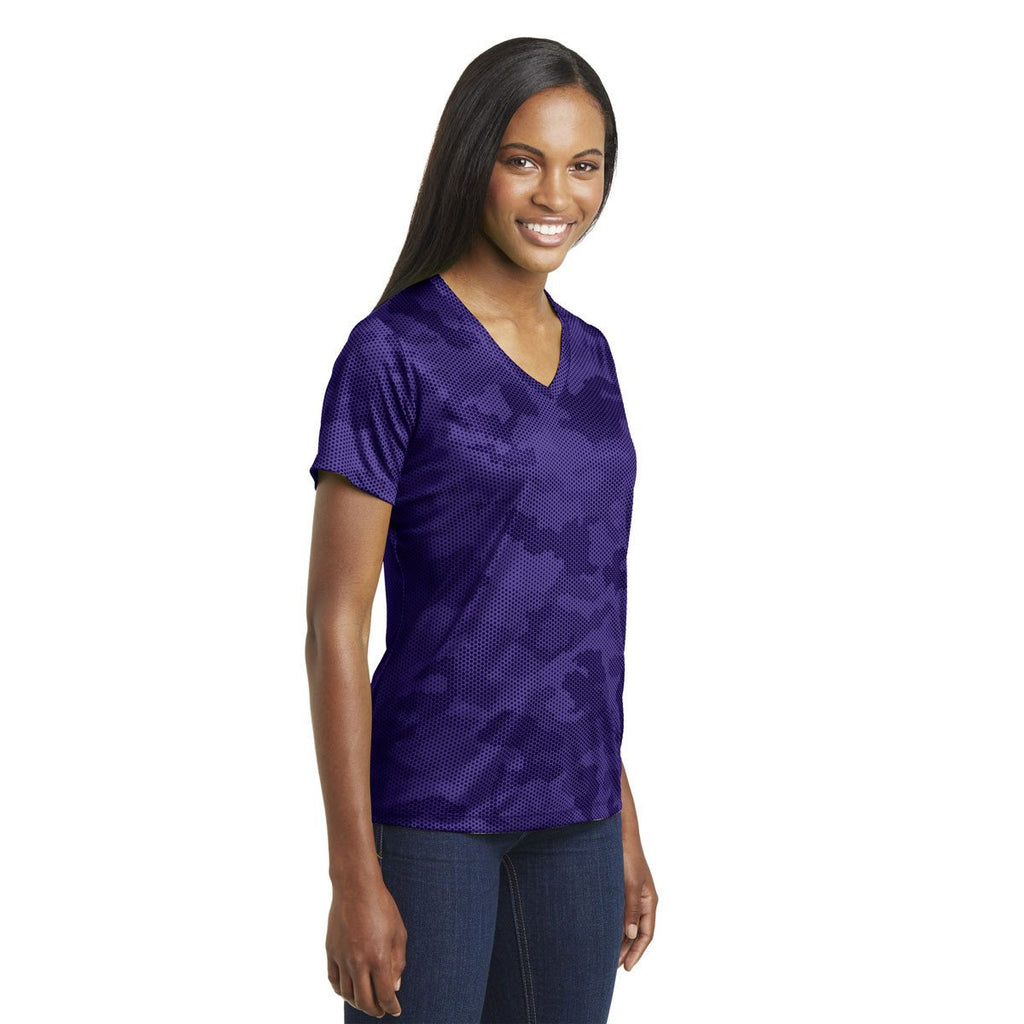 Sport-Tek Women's Purple CamoHex V-Neck Tee