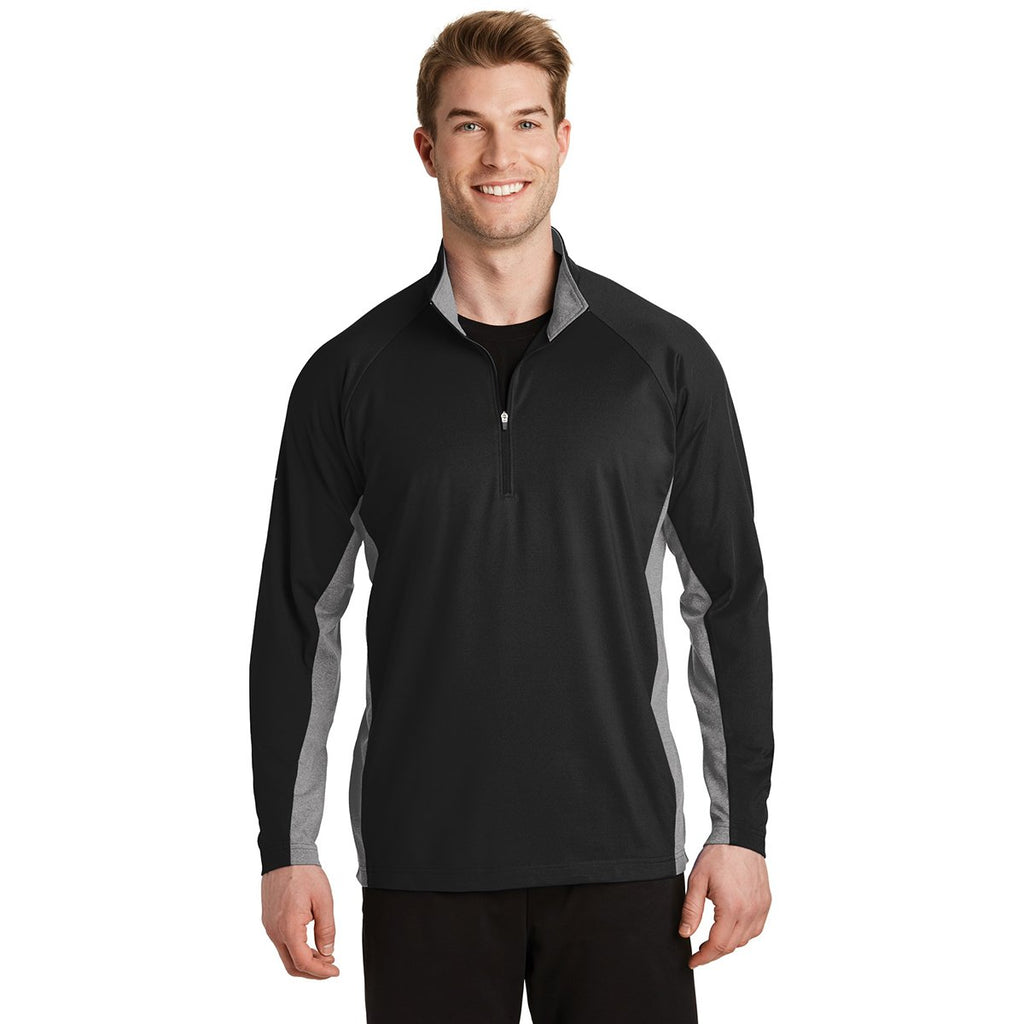 Sport-Tek Men's Black/Charcoal Grey Heather Sport-Wick Stretch Contrast 1/2-Zip Pullover